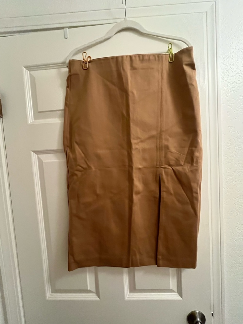Pull On Women's Tan Pencil Skirt front side slit
